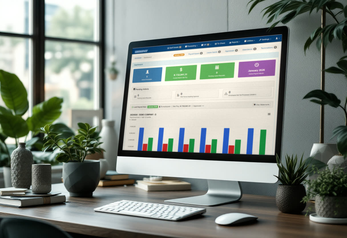 Micropay payroll dashboard shown on a desktop monitor in an office setting